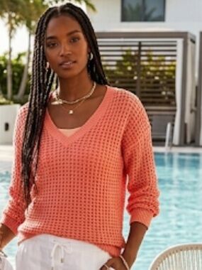 V-neck Open Knit Sweater by Preswick & Moore in Coral color and WAFFLE KNIT
